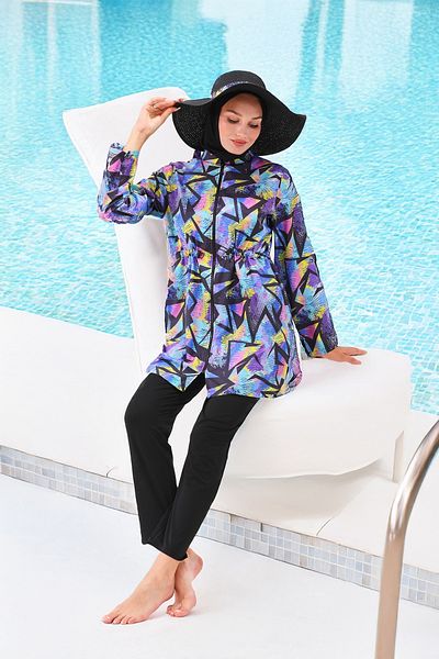 MAG FASHİON Plus Size 2 Piece Hijab Swimsuit - Burkini with Zipper on the Neck and Full Coverage
