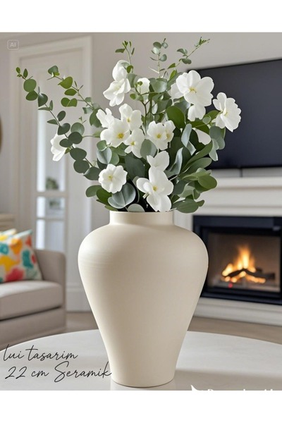 Lui Tasarım Krem Seramik Küp Vazo 22 cm Dekorasyon Modern Minimalist Bohem Sade Şık