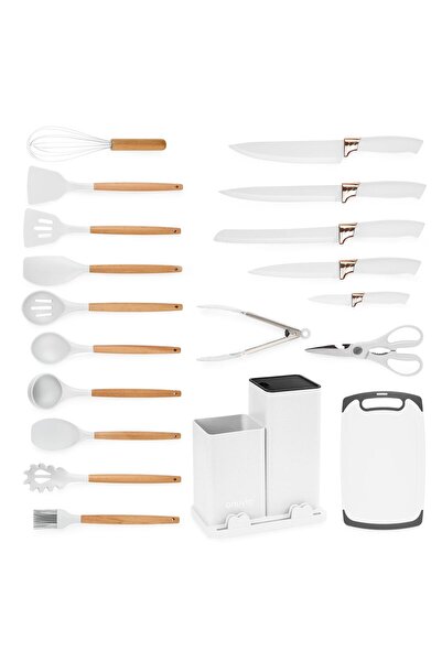 Onuvio 19-piece kitchen utensil set, Wood and Food-grade Silicone, Knives, Chopping Board, Onuvio™ - White