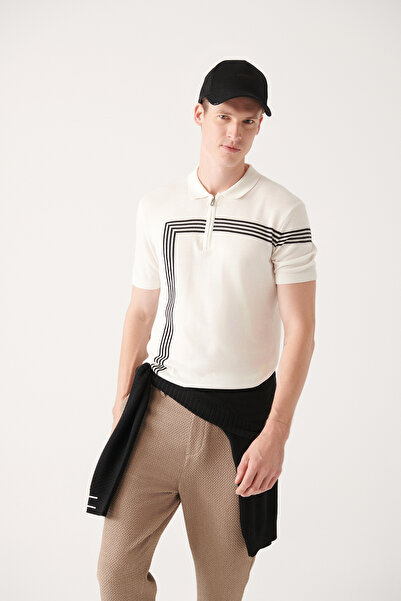 Avva Men's White Zippered Stripe Detailed Polo Neck Knitwear T-Shirt A31Y5127