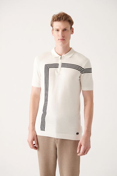 Avva Men's White Zippered Stripe Detailed Polo Neck Knitwear T-Shirt A31Y5127
