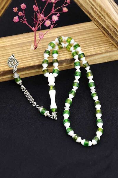 Midyat Gümüş Dünyası Green White Powder Amber Prayer Beads