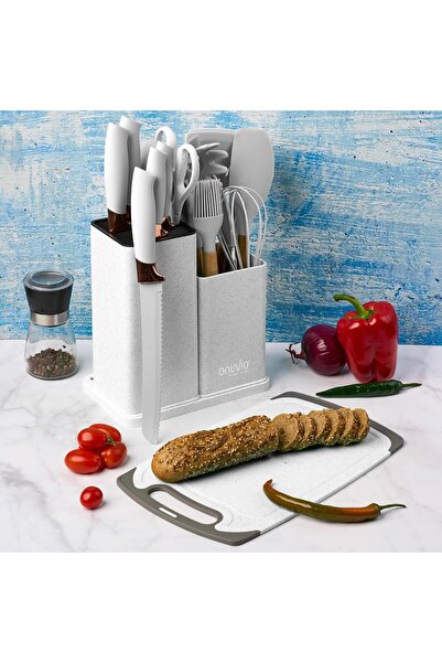 Onuvio 19-piece kitchen utensil set, Wood and Food-grade Silicone, Knives, Chopping Board, Onuvio™ - White