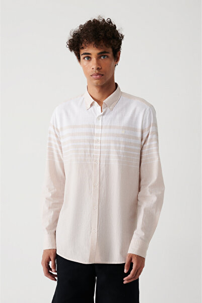 Avva Men's Beige 100% Cotton Linen Look Shirt A31Y2303