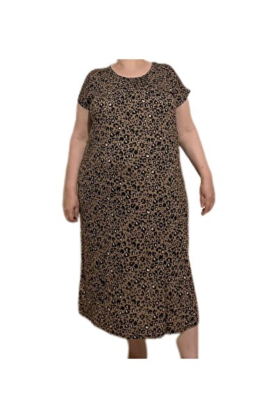İpek Women's Short Sleeve Plus Size Leopard Print 100% Cotton Nightgown/Dress