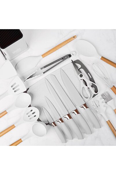 Onuvio 19-piece kitchen utensil set, Wood and Food-grade Silicone, Knives, Chopping Board, Onuvio™ - White