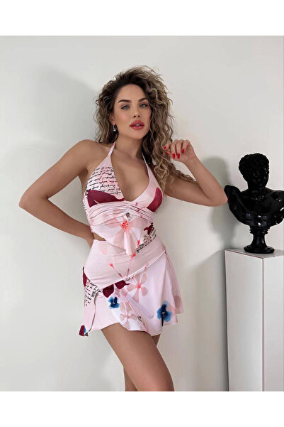 İntive Lingerie Women's Floral Print V Neck Summer Halter Neck Bustier Skirt Set