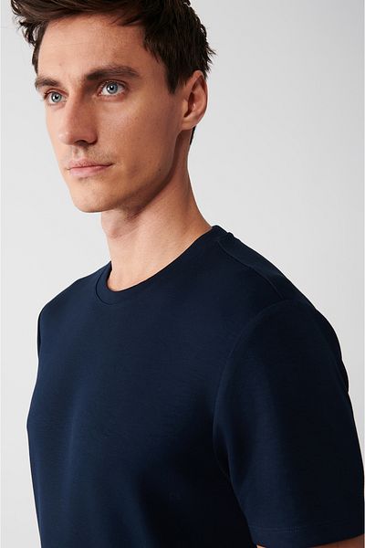 Avva Ανδρικό μπλουζάκι με μαλακό κούμπωμα Navy Blue Crew Neck A31y1003