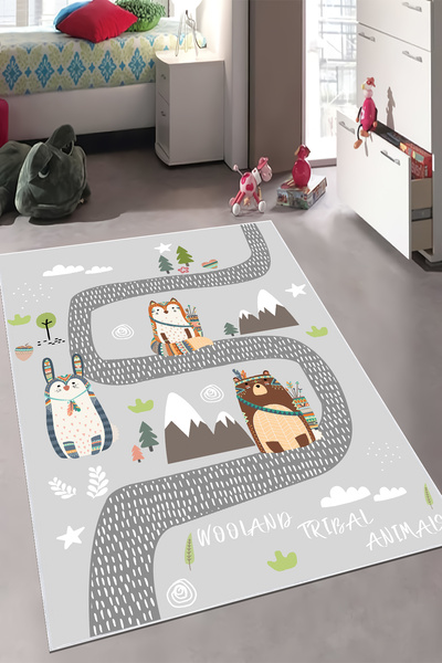 CENTER AVM Gri Çocuk Odası Halısı Leke Tutmaz Makinede Yıkanabilir Kaymaz Tab...