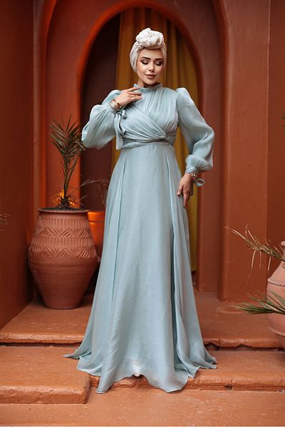 N.S NEVA STYLE Drape Detailed Mint Hijab Evening Dress 4823Mint
