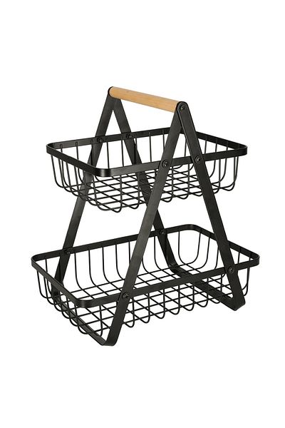 OEM Two-tier fruit basket, foldable, wood + metal, black color