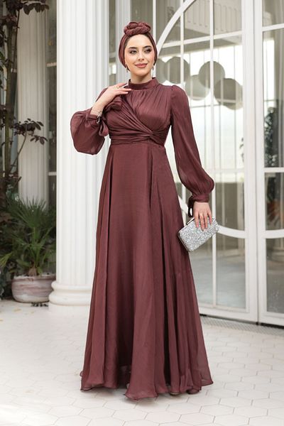 N.S NEVA STYLE Drape Detailed Brown Hijab Evening Dress 4823Kh