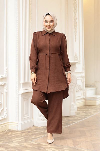 N.S NEVA STYLE Buttoned Brown Hijab Double Suit 68351Kh