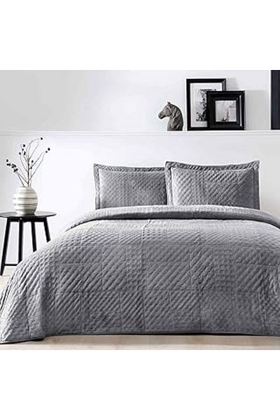 Mu Art Ahşap Taç Alvin Plain 100% Polyester Bedspread Set, Anthracite, Double