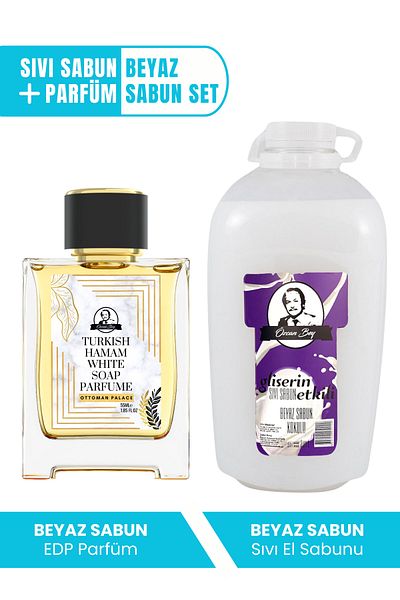 Özcan Bey Ottoman Series White Soap Scented Perfume White Soap 55ml And White Liquid Soap 2 Liter Turkish Bath Set