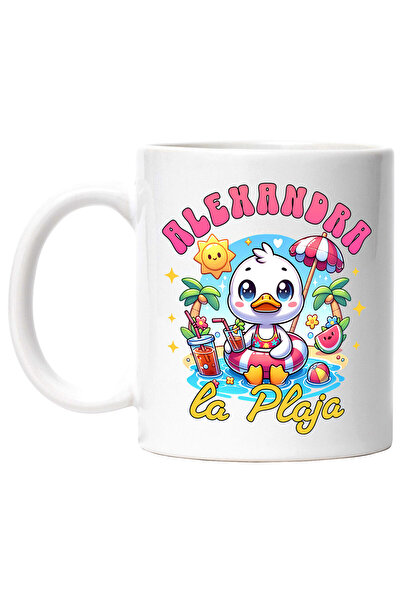 StoryGift Romania Cana cu Ratusca Alba Cu Colac Si Cocktail la Plaja Text Alexandra Vacanta, Ceram, Cu Maner Alb