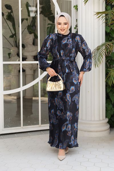 N.S NEVA STYLE Μαύρο Φόρεμα Hijab με πλισέ σχέδιο 23502S