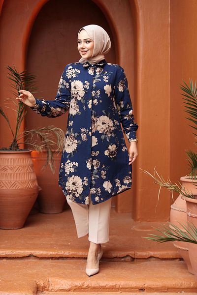 N.S NEVA STYLE Patterned Navy Blue Hijab Viscose Tunic 11550L