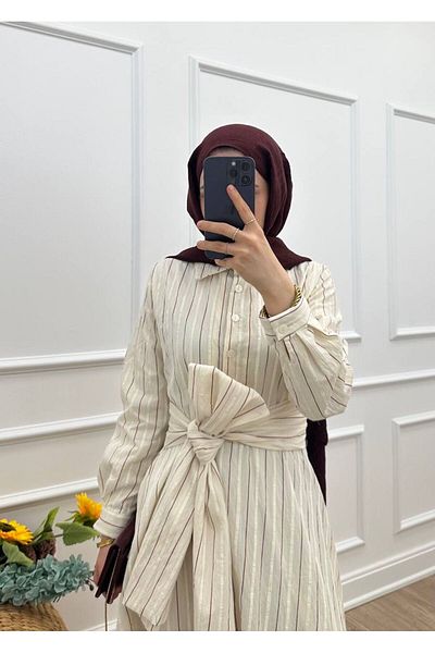 Rabia Ateş Raleyl Cream Burgundy Striped Linen Dress