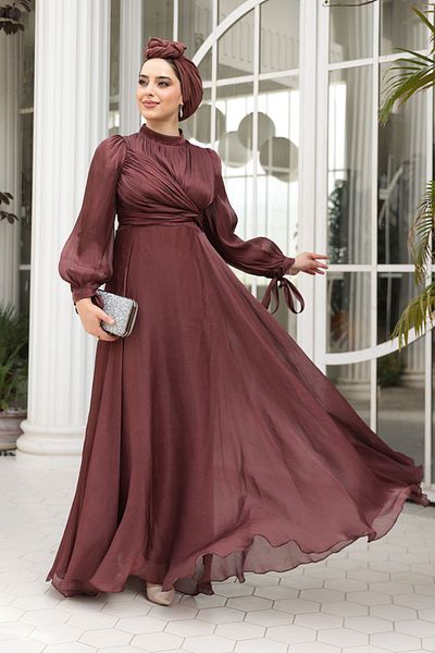 N.S NEVA STYLE Drape Detailed Brown Hijab Evening Dress 4823Kh