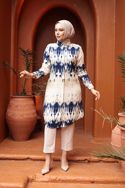 N.S NEVA STYLE Patterned Navy Blue Hijab Viscose Tunic 11744L