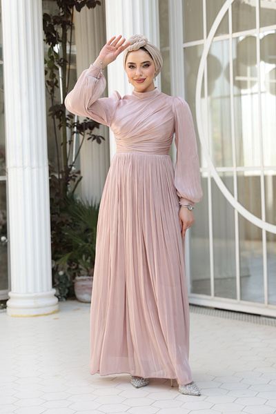 N.S NEVA STYLE Drape Detailed Powder Hijab Evening Dress 44081Pd