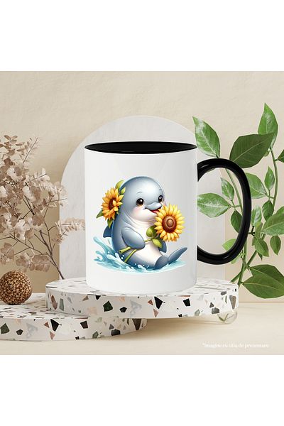 StoryGift Romania Cana cu un delfin care tine o floare | ilustratie | floarea-soarelui | apa | mar, Cu Maner Negru