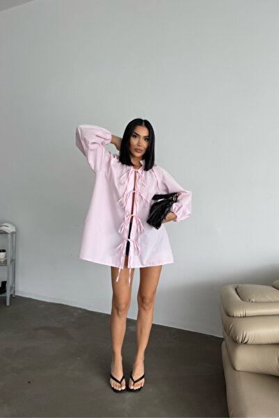 buğrahayalin Shirt Poplin Dominant Collar Front Tie String Detail - Pink