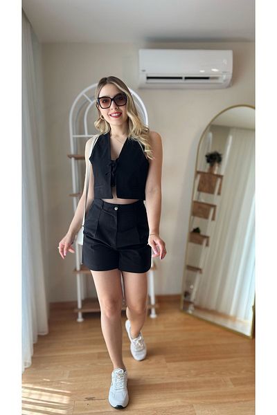 fidoş Women's Linen Shorts Suit Zr Suit Black