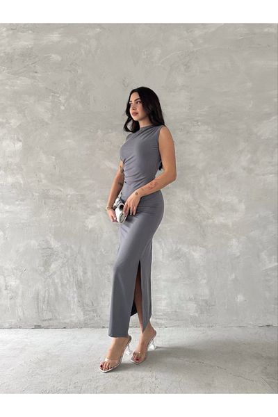 İpeksi Silky Sleeveless Slit Long Maxi Dress - Gray