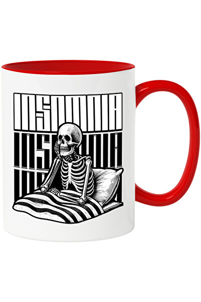 StoryGift Romania Cana Schelete in pat incercand sa doarma insomnia Skelet, 330ml, Ceramic cu Mane, Cu Maner Rosu