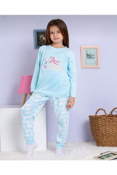 yagmurgiyim *elmp Set de pijamale pentru fetiță, 100% bumbac, albastru deschis, cu ursuleț de pluș, 1-13 ani 4001