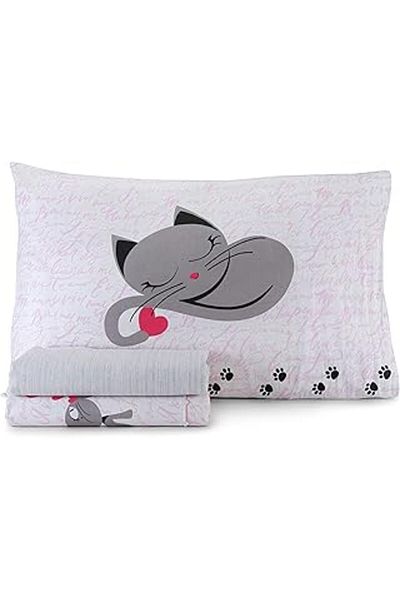 Mu Art Ahşap Homelife-Made in Italy Double Duvet Cover Set Cotton Cat, |   Complete 2 Sizes + Pink Pillow Case and