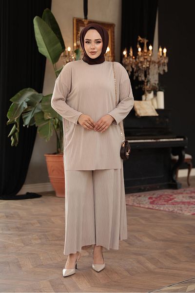 N.S NEVA STYLE Beige Hijab Double Set 12941Bej