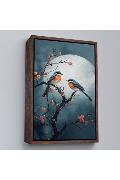 Oxyteez Pictură cu două păsări pe ramuri cu rame din lemn cu flori roz-8004