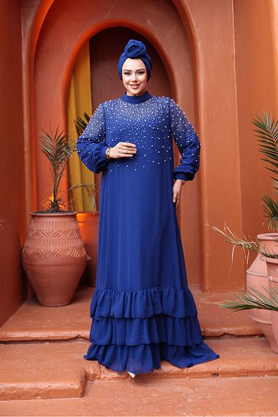 N.S NEVA STYLE Βραδινό φόρεμα με χάντρες με κέντημα Sax Blue Hijab 25906SX