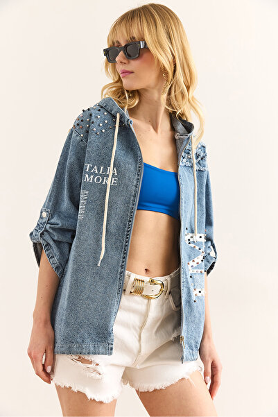 Olalook Jachetă de blugi supradimensionată albastru deschis cu glugă - CKT cu buzunare și garnitură- 19000389