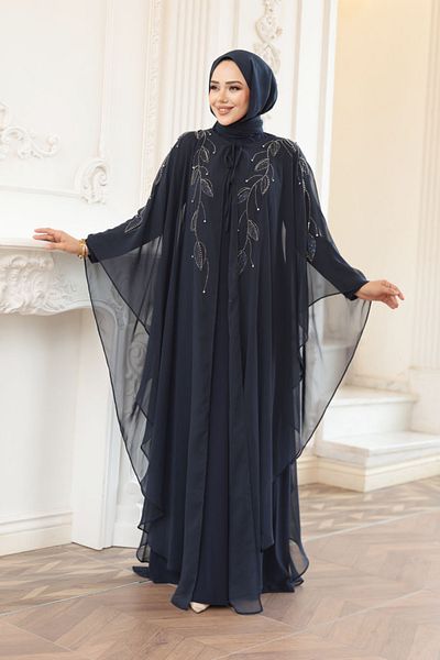 N.S NEVA STYLE Βραδινό φόρεμα Hijab Navy Blue με Cape 25909L