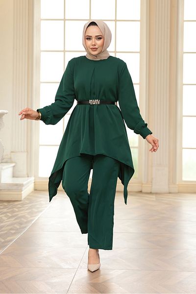 N.S NEVA STYLE Asymmetric Cut Emerald Green Hijab Double Suit 20253Zy