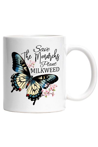 StoryGift Romania Cana cu fluture cu mesajul "Save the monarchs Plant Milkweed", floricele, insect, Cu Maner Alb