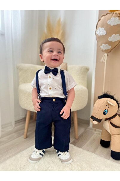 Çelix Gözlük Hediyeli Erkek Çocuk Dörtlü Takım Desenli Gömlek, Papyon, Askılı Kapri Pantolon