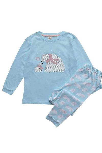 yagmurgiyim *elmp Set de pijamale pentru fetiță, 100% bumbac, albastru deschis, cu ursuleț de pluș, 1-13 ani 4001