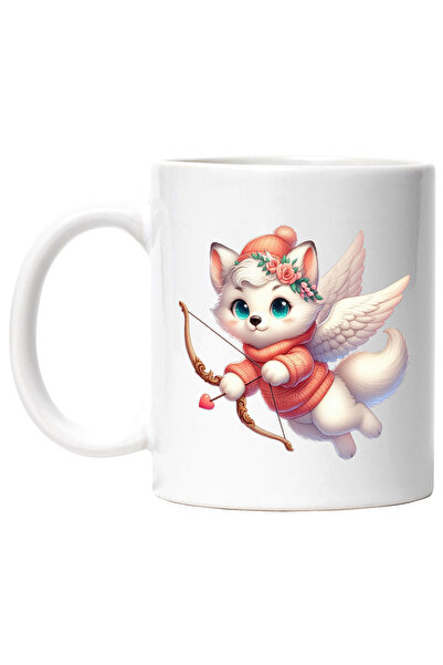 StoryGift Romania Cana cu o pisicuta alba Cupidon, ilustratie, trage cu arcul...