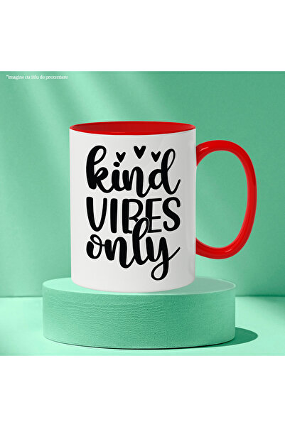 StoryGift Romania Mug with hearts and the text "Kind vibes only" - only good vibes, kindness with M, Cu, STG.