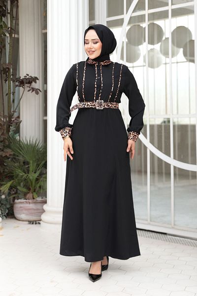 N.S NEVA STYLE Λεοπάρ Λεπτομερές Μαύρο Φόρεμα Hijab 10246S