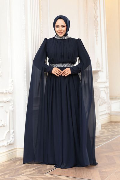 N.S NEVA STYLE Βραδινό φόρεμα με μανδύα στους ώμους Navy Blue Hijab 25911L