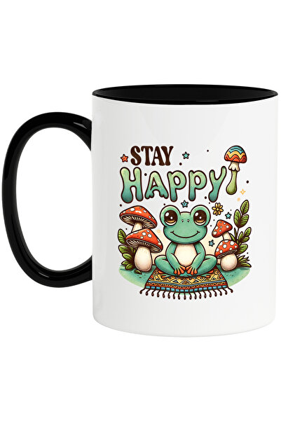 StoryGift Romania Cana cu o broscuta vesela in pozitie de meditatie cu mesajul "Stay happy", stilu, Cu Maner Negru