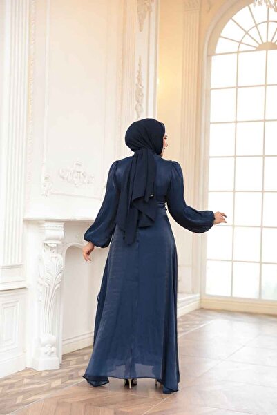 N.S NEVA STYLE Yandan Bağlamalı Lacivert Tesettür Abiye Elbise 62191L