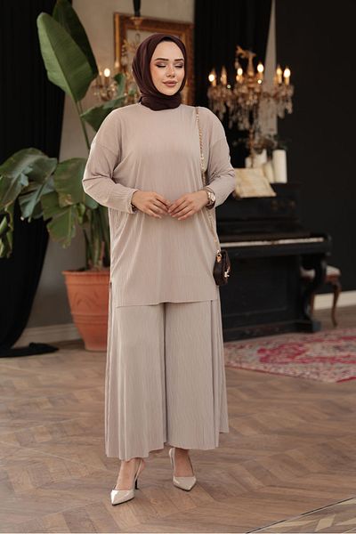 N.S NEVA STYLE Beige Hijab Double Set 12941Bej