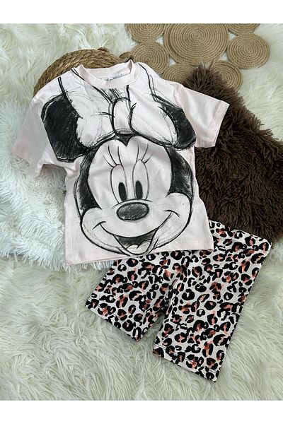 babymoon kids Girls Minnie Mouse Printed 2-Piece Set with Leopard Pattern Leggings - Short Sleeve T-Shirt and Leopard Leggings